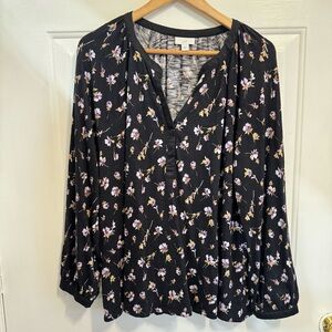 J. Jill Wome's Black Floral Long-sleeve Blouse XL